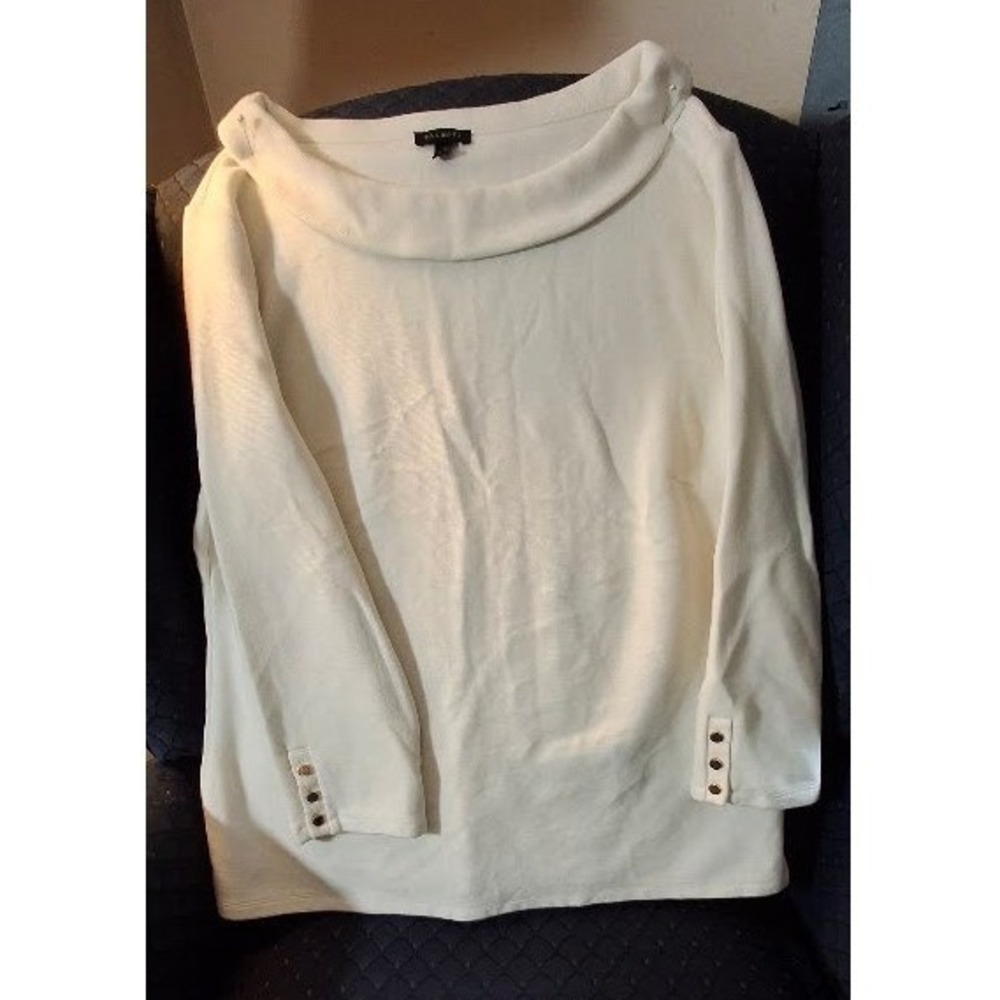 Talbots Ivory White Cowl Neck Top 3/4 Sleeve Gold Button Cuff Textured Knit L